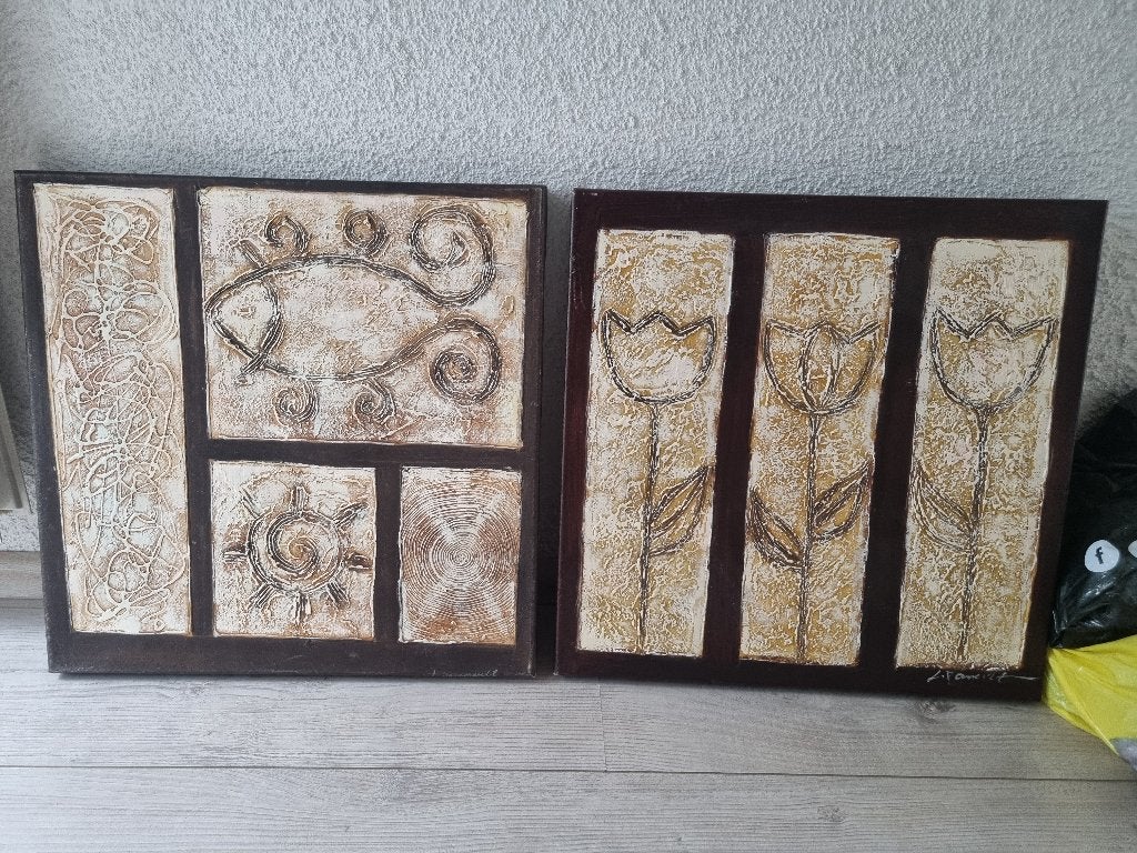 set van 2 schilderijen, Figuren, Ophalen of Verzenden, Op houten frame, Overige technieken