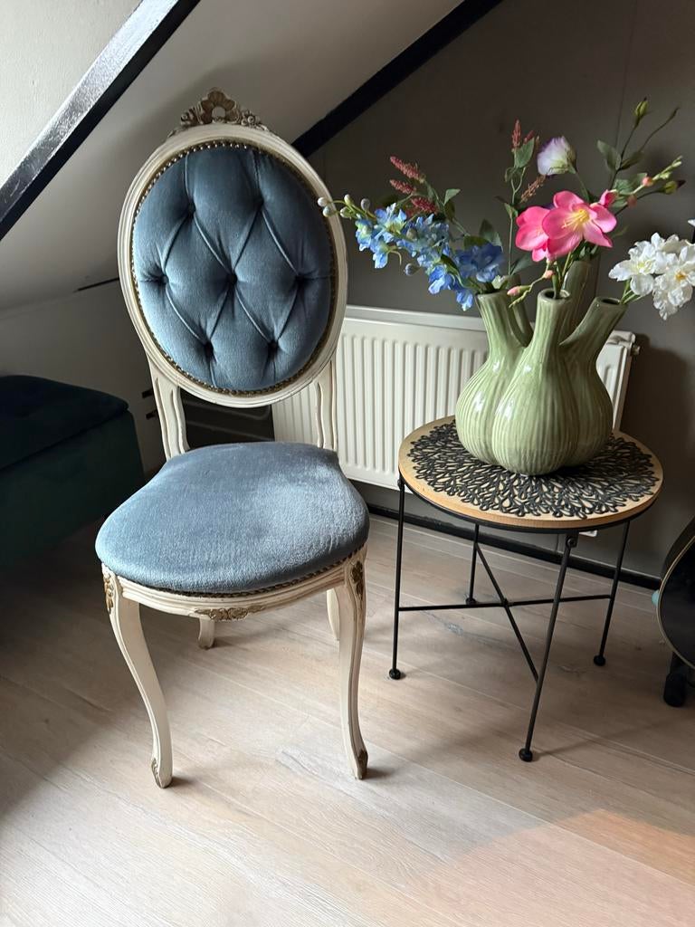 Barok /bureau stoeltje  bekleed met blauwe stof, Ophalen, Gebruikt, Blauw, Eén