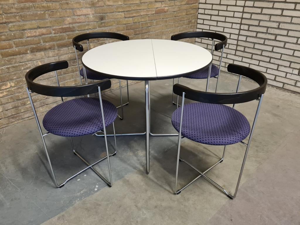 Kusch + Co Sóley vintage stoelen & klaptafel design jr. 80, Gebruikt, Rond, Ophalen of Verzenden, Vier personen