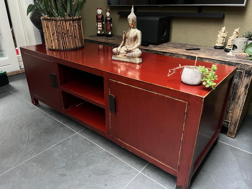 Chinees tv dressoir kast chinese aziatische donkerrood 160cm, Verburgt Vintage, Gebruikt, 150 tot 200 cm, Chinees oosters aziatisch Chinese orientaal