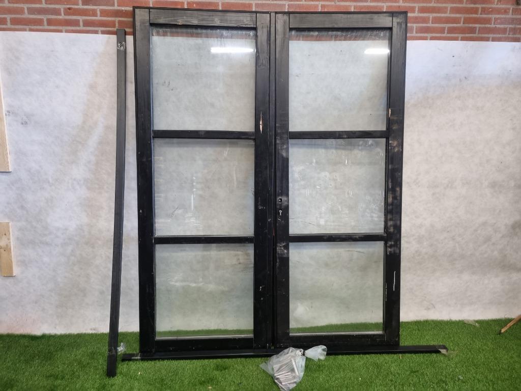 Dubbele zwarte vurenhouten deur dubbel glas, met hang- en sl, Doe-het-zelf en Verbouw, Deuren en Horren, Gebruikt, 215 cm of meer