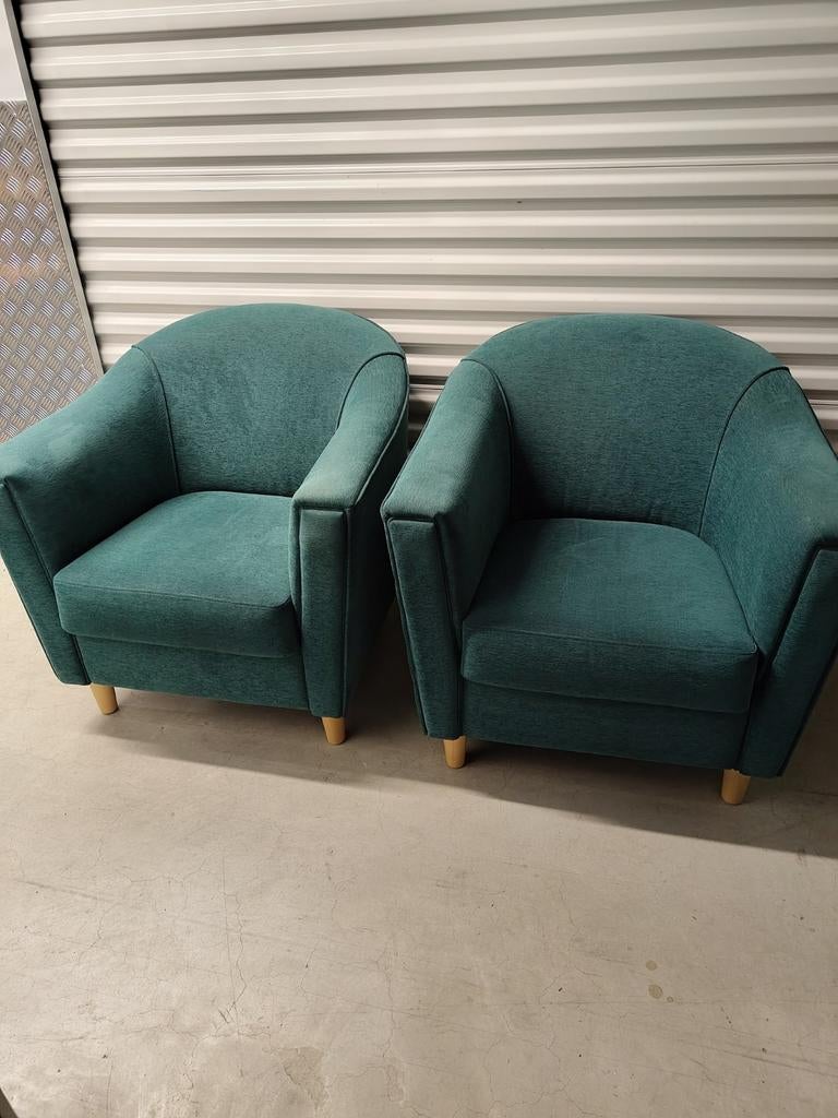 2 groene stoffen kuipstoelen, Ophalen of Verzenden, Minder dan 75 cm, Stof, 50 tot 75 cm