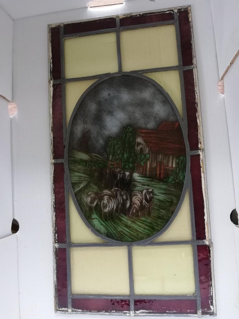 Glas in lood raam 53 x 27 cm, beschilderd schapen landelijk, Huis en Inrichting, Ophalen