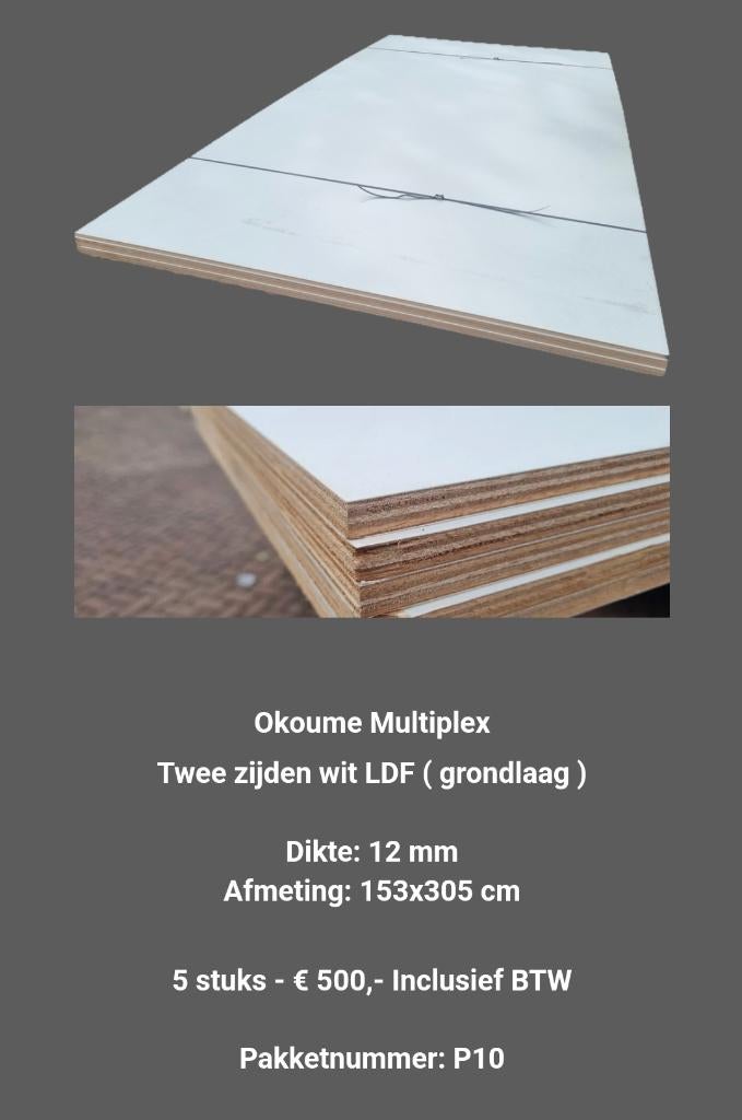 5 Okoume Multiplex  153x305 cm 12 mm dik -  nr: P10, Ophalen, Nieuw, Multiplex