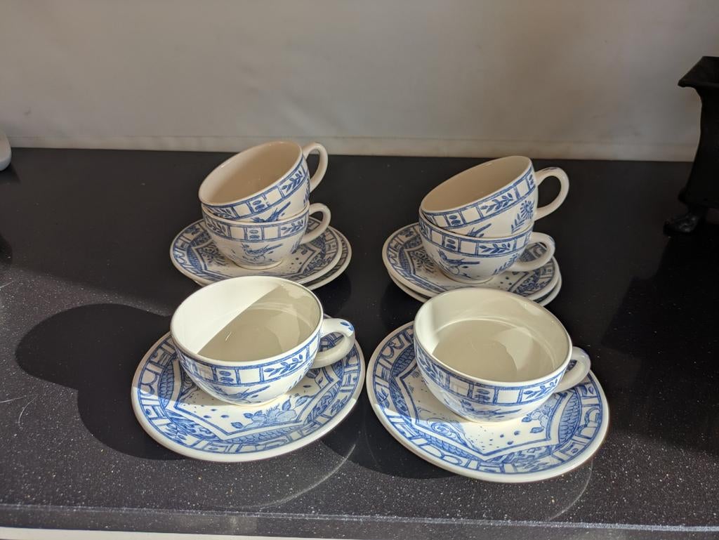 Gien/Oiseau Bleu, 6 kop en schotels, Verzamelen, Porselein, Kristal en Bestek, Kop en/of schotel, Porselein, Ophalen
