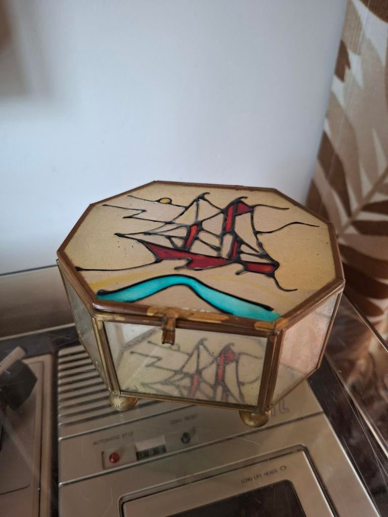 Vintage sieradendoosje gebrandschilderd glas, Antiek en Kunst, Ophalen of Verzenden