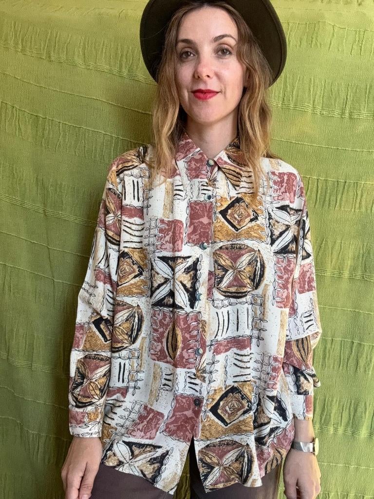 Vintage blouse, maat 38/40 - M/L - druk patroon - 90's, Maat 38/40 (M), Jeannine Duclos, Bruin, ,