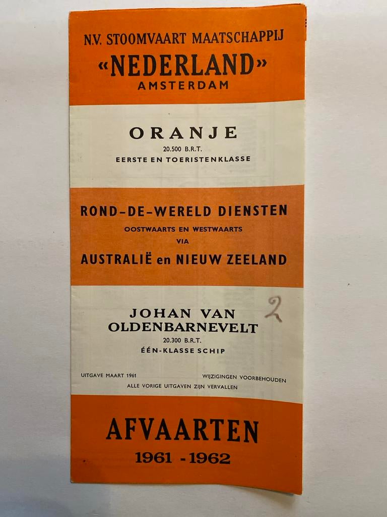 N.V. Stoomvaart Maatschappij Nederland - Afvaartfolder 1961-, Verzamelen, Scheepvaart, Ophalen of Verzenden, Gebruikt