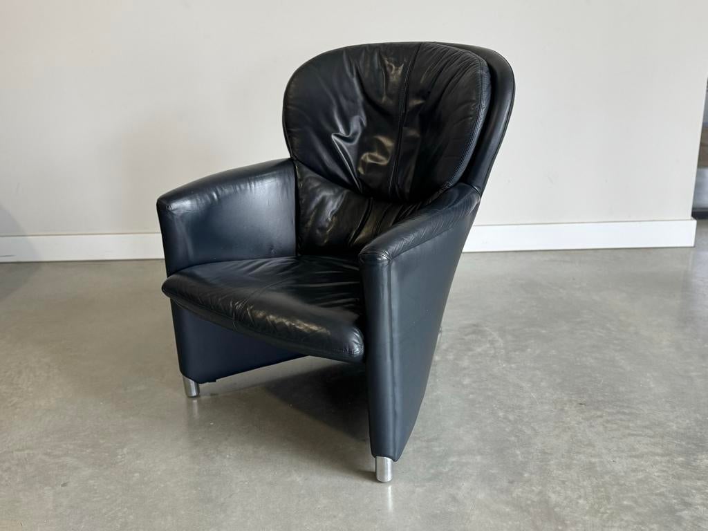 Leolux Volare Fautaul - Donkerblauw Leder, Huis en Inrichting, Fauteuils, Leolux, Leolux, Ophalen of Verzenden, Zo goed als nieuw