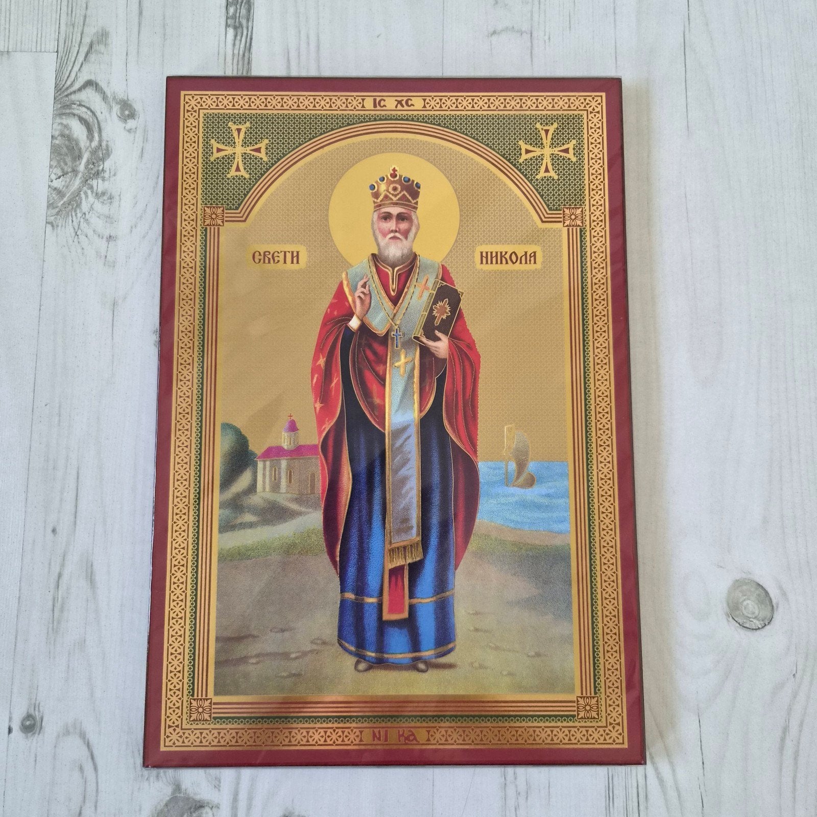 Orthodox houten icoon van St. Nicolaas 23 x 33 cm, Antiek en Kunst, Ophalen of Verzenden