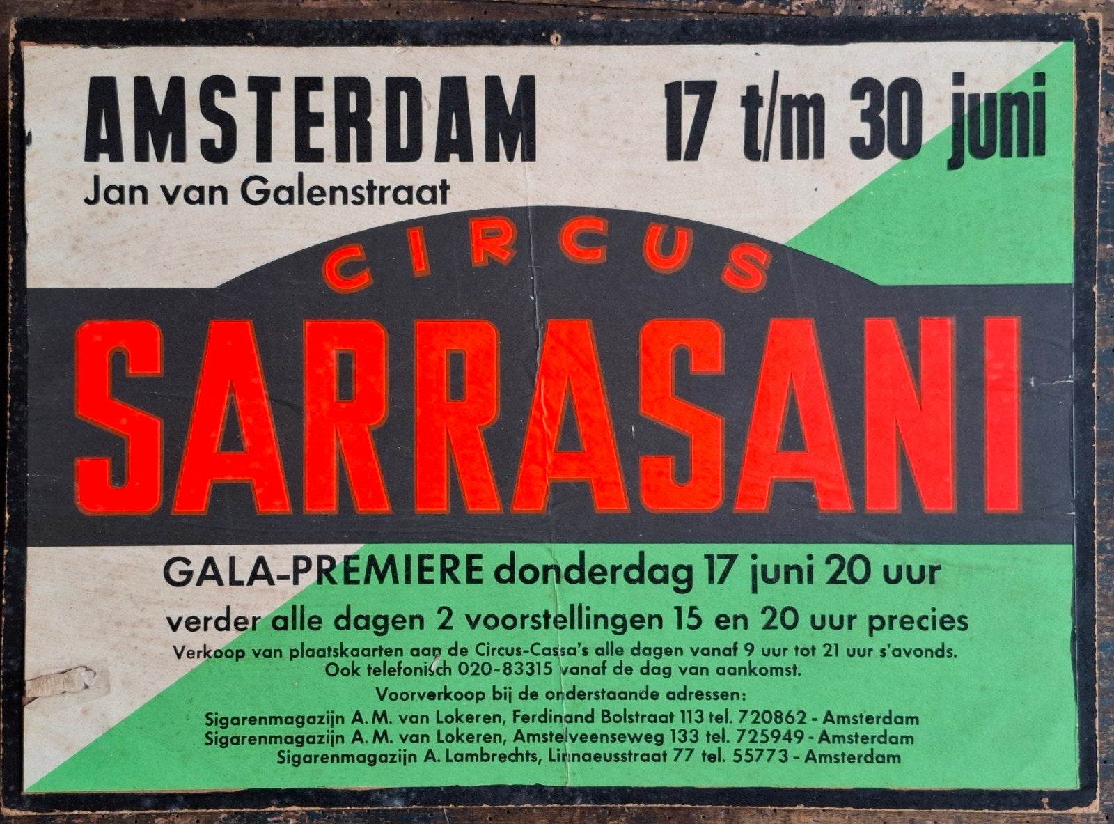 Amsterdam.  Circus SARRASSANI poster.  Oud. 42/32 cm., Verzamelen, Ophalen, Gebruikt, Rechthoekig Liggend, A1 t/m A3