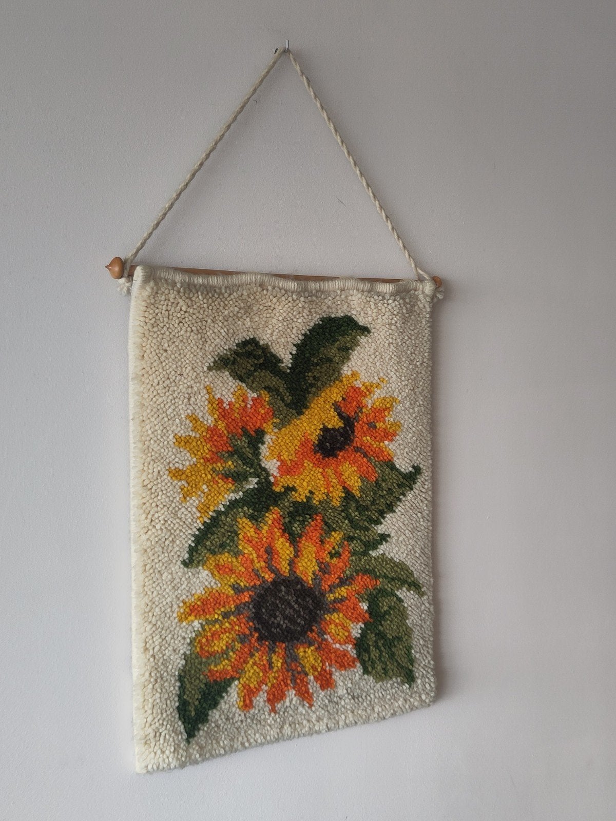 Vintage Smyrna kleed wol zonnebloem wandkleed bloemen, Gebruikt, 68 cm, ., Geel