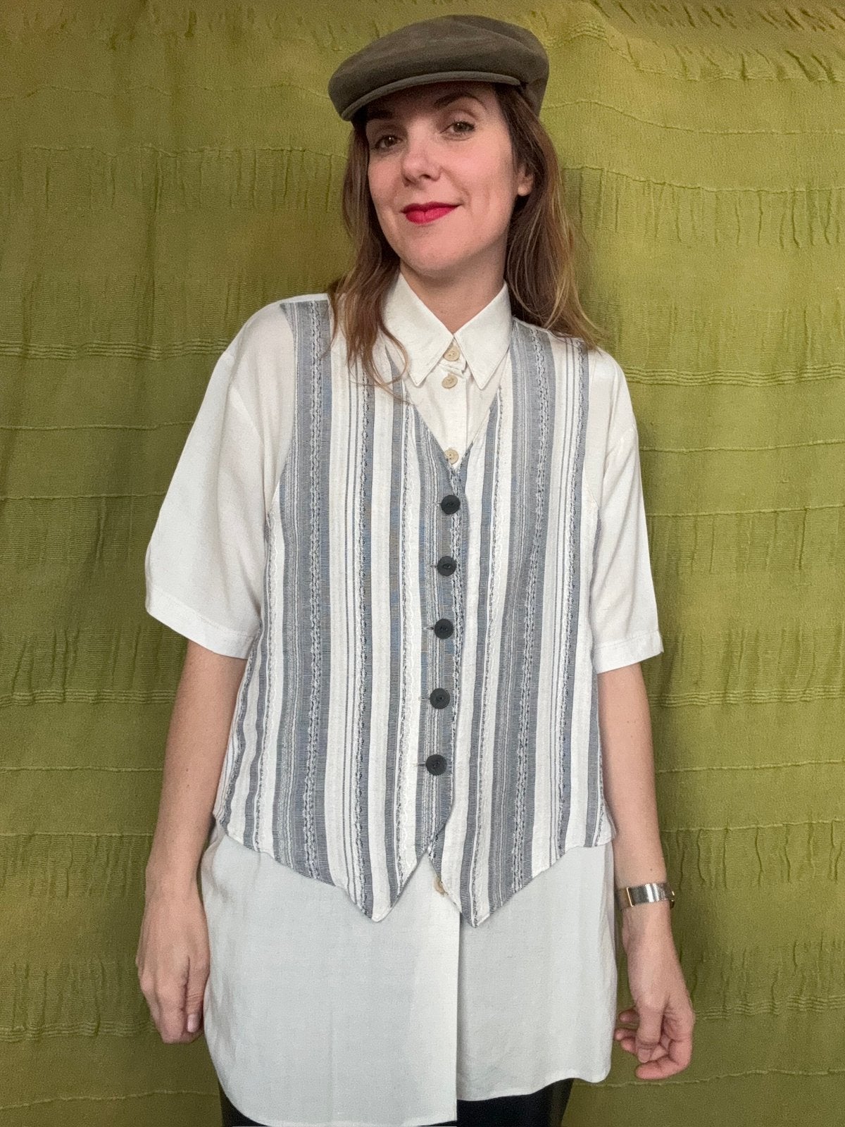 Vintage blouse / overhemd met gilet - katoen/linnen 34/36, Hgv, Hgv, Ophalen of Verzenden, Maat 34 (XS) of kleiner