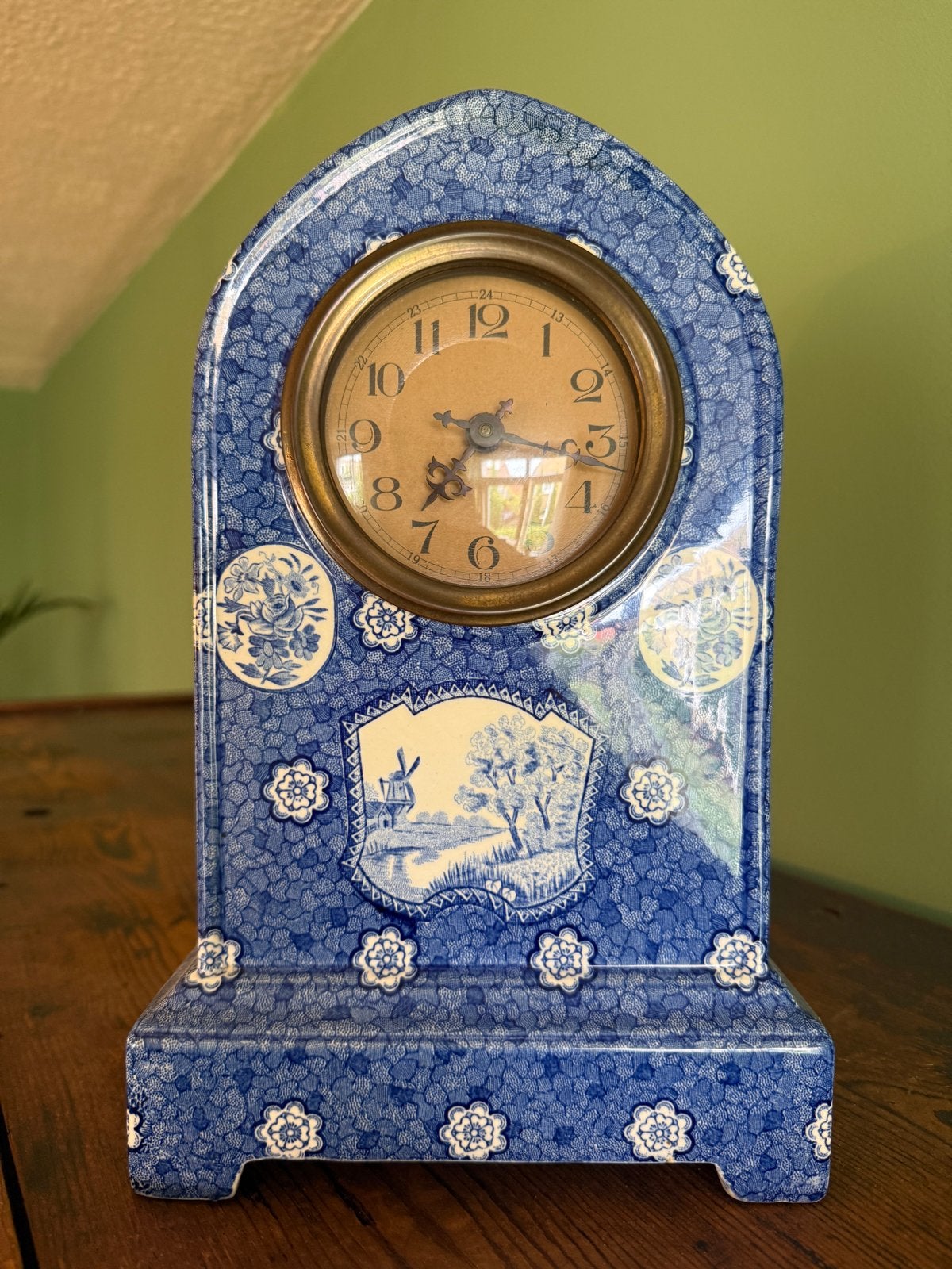 Antieke Delfts Blauwe Schouwklok met Molenlandschap, Ophalen