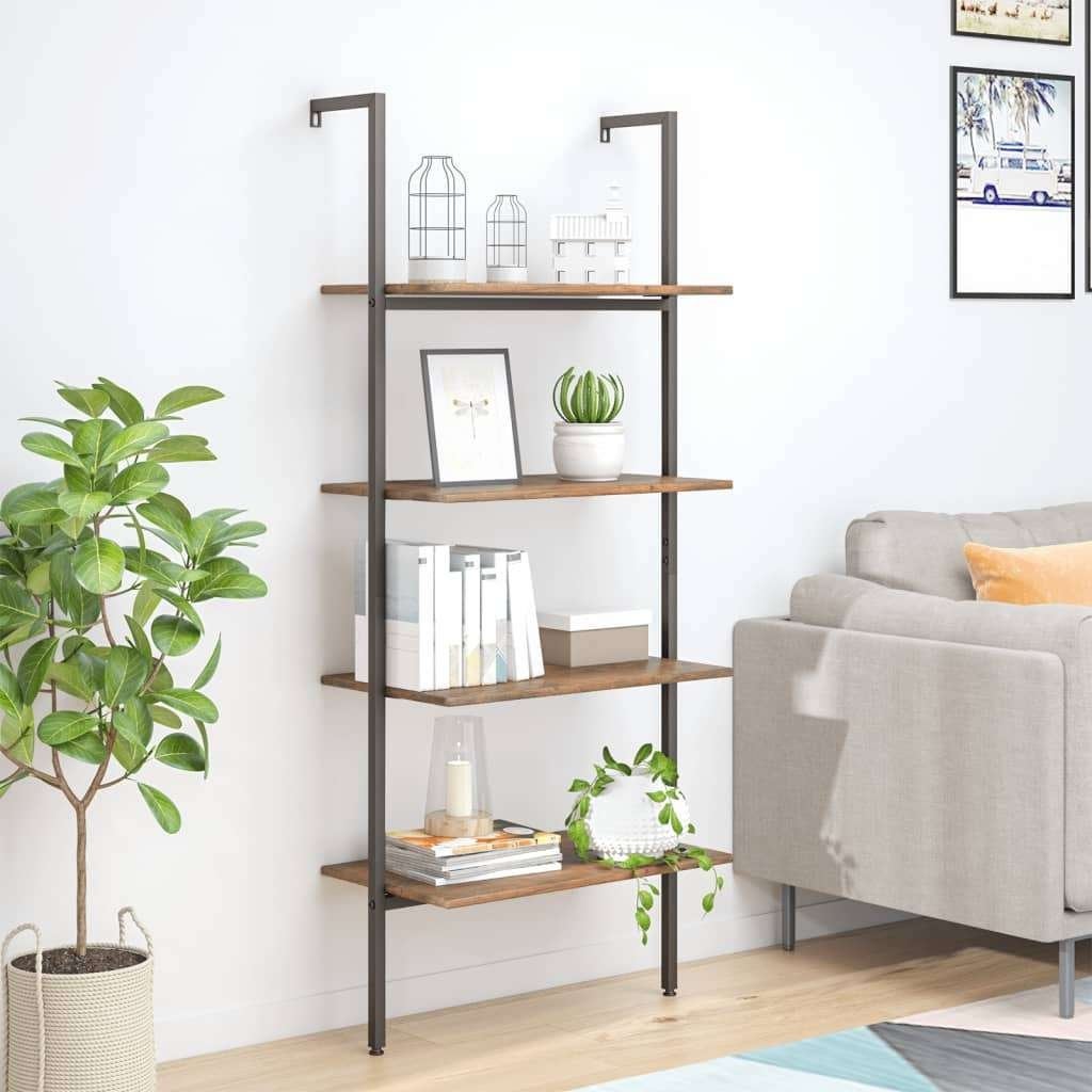 Industriële wandrek / boekenkast – 4 planken, hout & metaal, Ophalen, 50 tot 100 cm, Zo goed als nieuw, Metaal