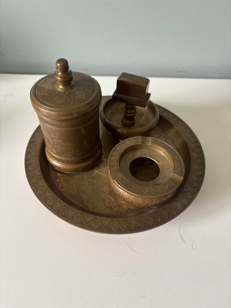 Vintage messing bureauset met asbak en inktpot, Antiek en Kunst, Ophalen of Verzenden