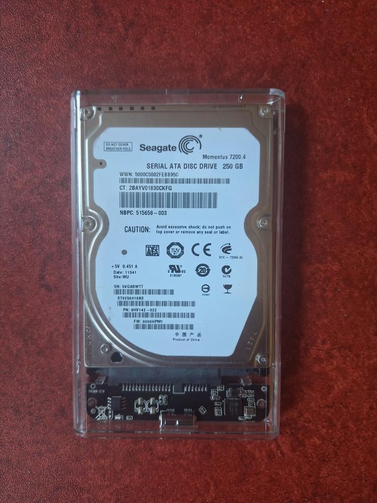 Seagate 250GB 2.5" HDD in externe behuizing met USB-kabel, Computers en Software, Harde schijven, Gebruikt, HDD, Ophalen of Verzenden