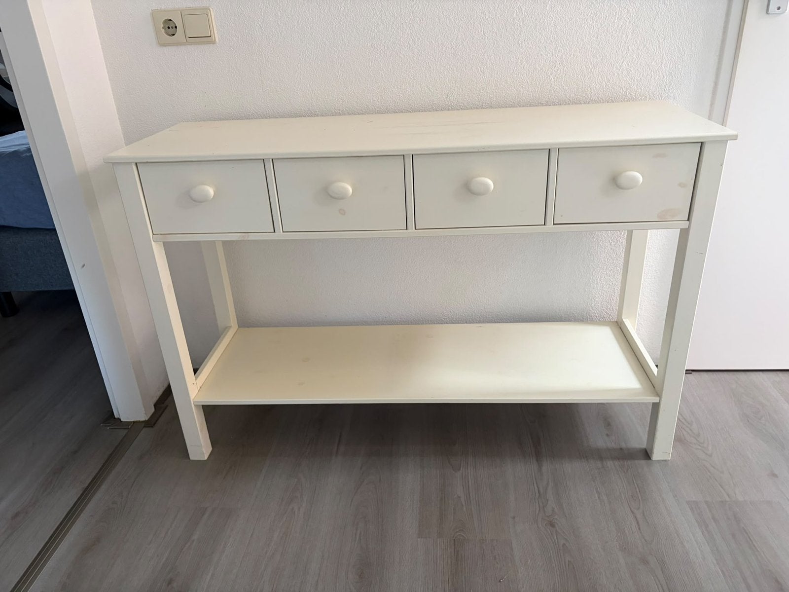Crèmekleurige Console-/Bijzettafel met Lades en Plank, Ophalen, Gebruikt, 100 tot 150 cm, Overige houtsoorten