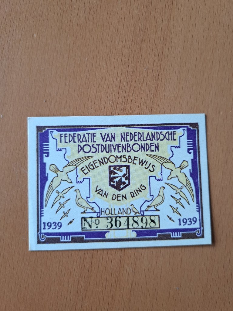 Eigendomsbewijs postduif 1939, Ophalen of Verzenden, Gebruikt, Hert