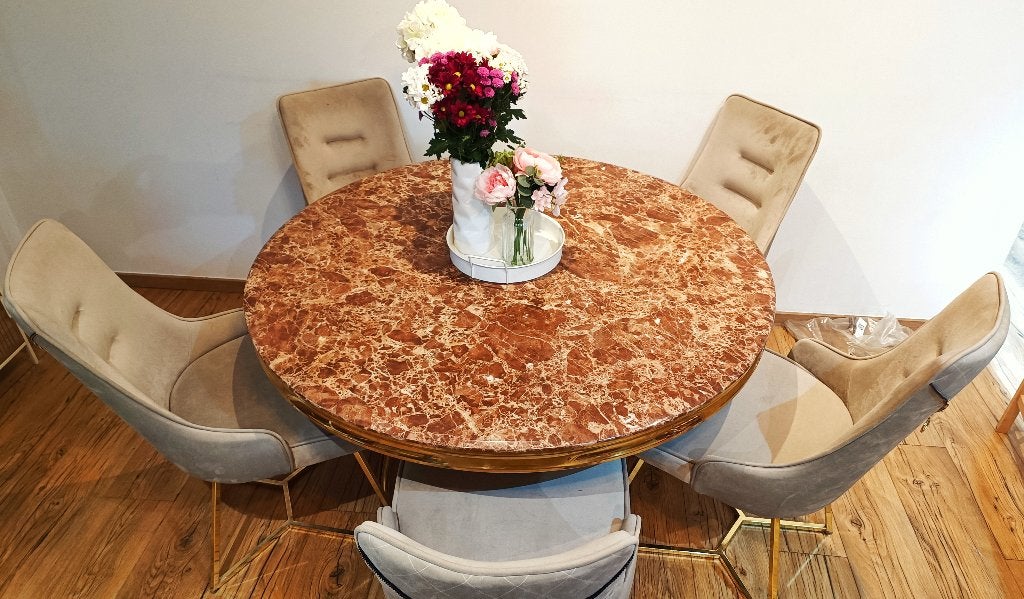 Premium Marble Round Dining Table with 5 Luxury Chairs, Ophalen, Overige materialen, Rond, Zo goed als nieuw