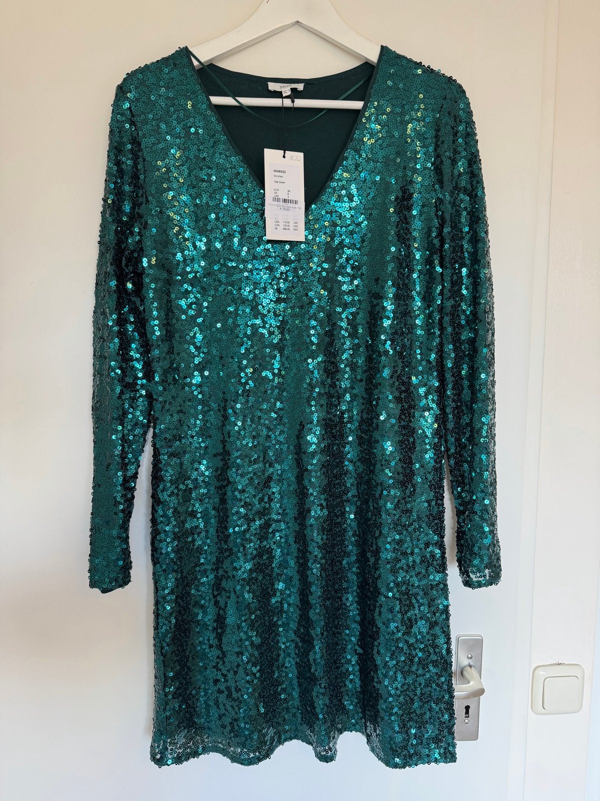 Yest Dorotea Teal Groene Jurk met Pailletten 36, Nieuw, Ophalen of Verzenden, Maat 36 (S), Boven de knie