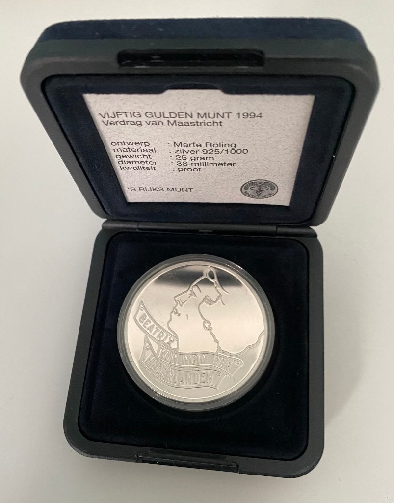Zilveren 50 Gulden Munt 1994 - Verdrag van Maastricht -PROOF, Postzegels en Munten, Munten | Nederland, Koningin Beatrix, Zilver