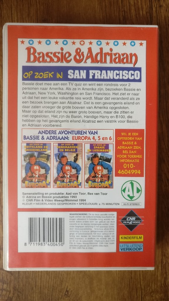 Bassie & Adriaan op zoek in San Francisco 1994/1995 CNR, Cd's en Dvd's, Alle leeftijden, Ophalen of Verzenden, Kinderprogramma of -film