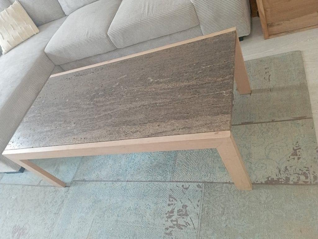 Salontafel met marmeren blad, 130 bij 65 cm, Ophalen, 100 tot 150 cm, Eikenhout, 50 tot 100 cm