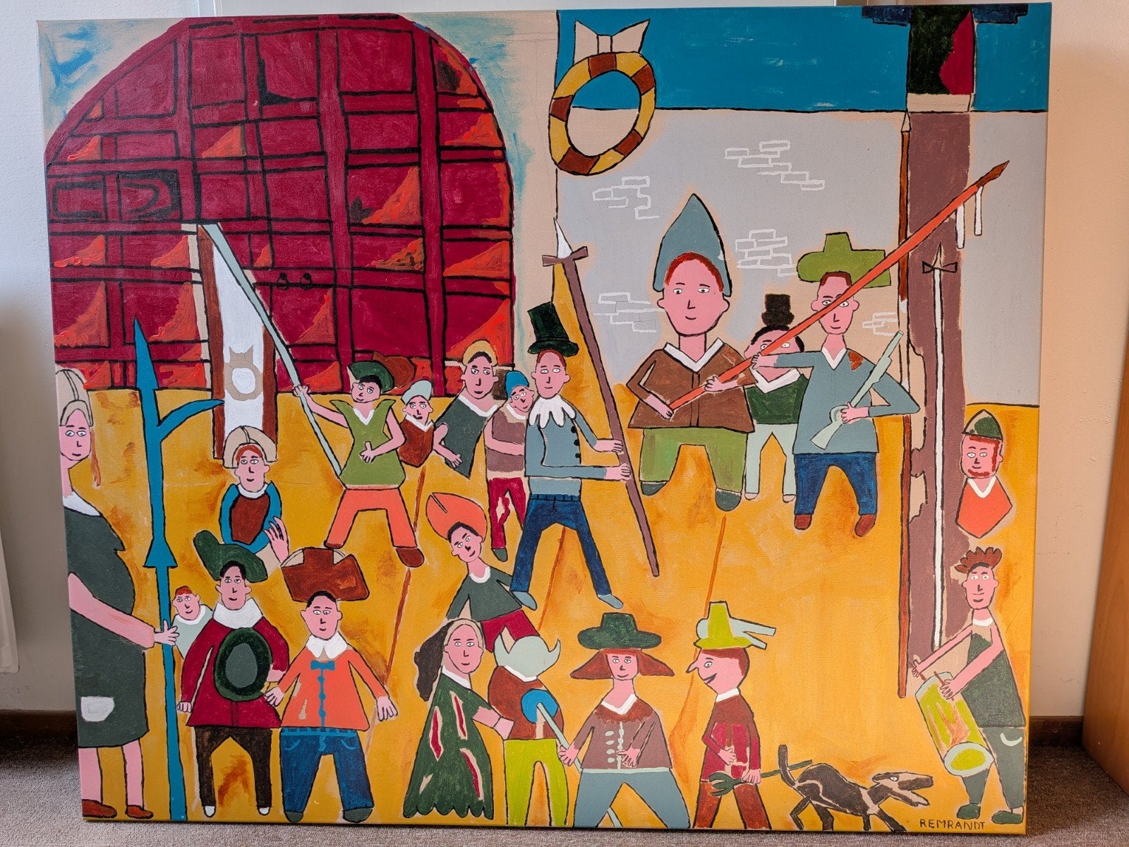 Vrolijke interpretatie van de Nachtwacht - Uniek schilderij, Antiek en Kunst, Ophalen, Textiel, Gesigneerd, Figuren