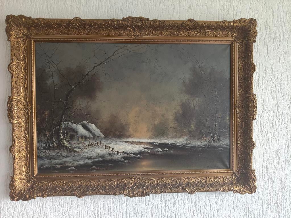 Schilderij winterlandschap gesigneerd A. Buikema, Antiek en Kunst, Ophalen of Verzenden