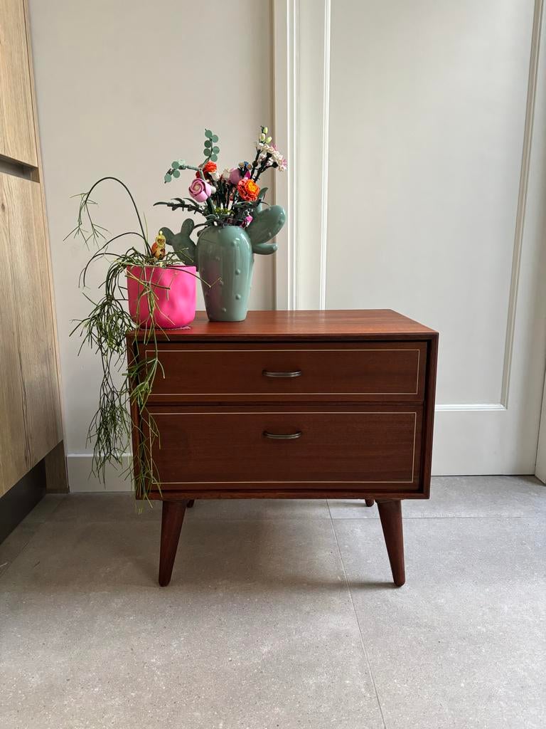 Vintage nachtkastje met twee lades formule Kempkens, Ophalen, Gebruikt, 55 tot 70 cm, 45 tot 65 cm