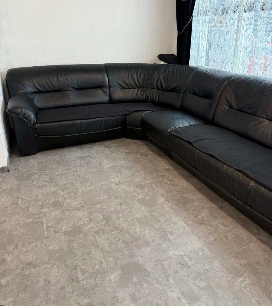 Zwarte Leren Hoekbank - Gebruikt, Ophalen, Gebruikt, 100 tot 125 cm, Hoekbank