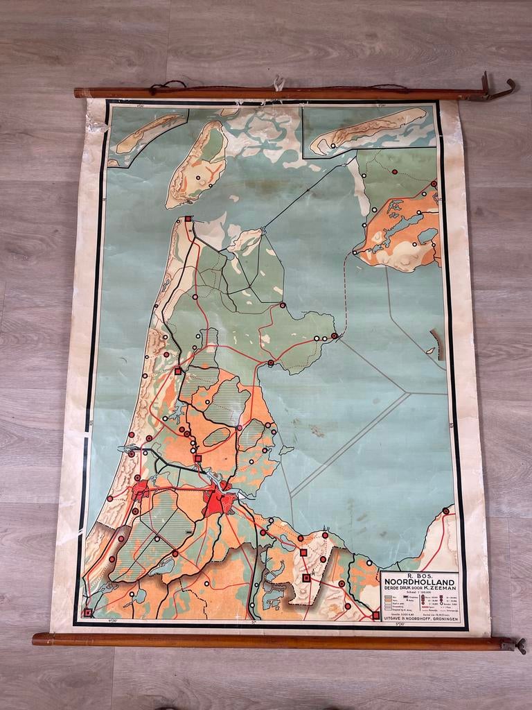 Antieke Schoolkaart Noord-Holland R. Bos K. Zeman, Landkaart, 1800 tot 2000, Nederland, Ophalen