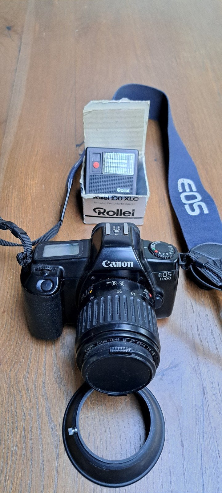 Canon EOS 1000 analoge camera met 35-80mm lens en 2 flitsers, Ophalen, Gebruikt, Spiegelreflex, Canon