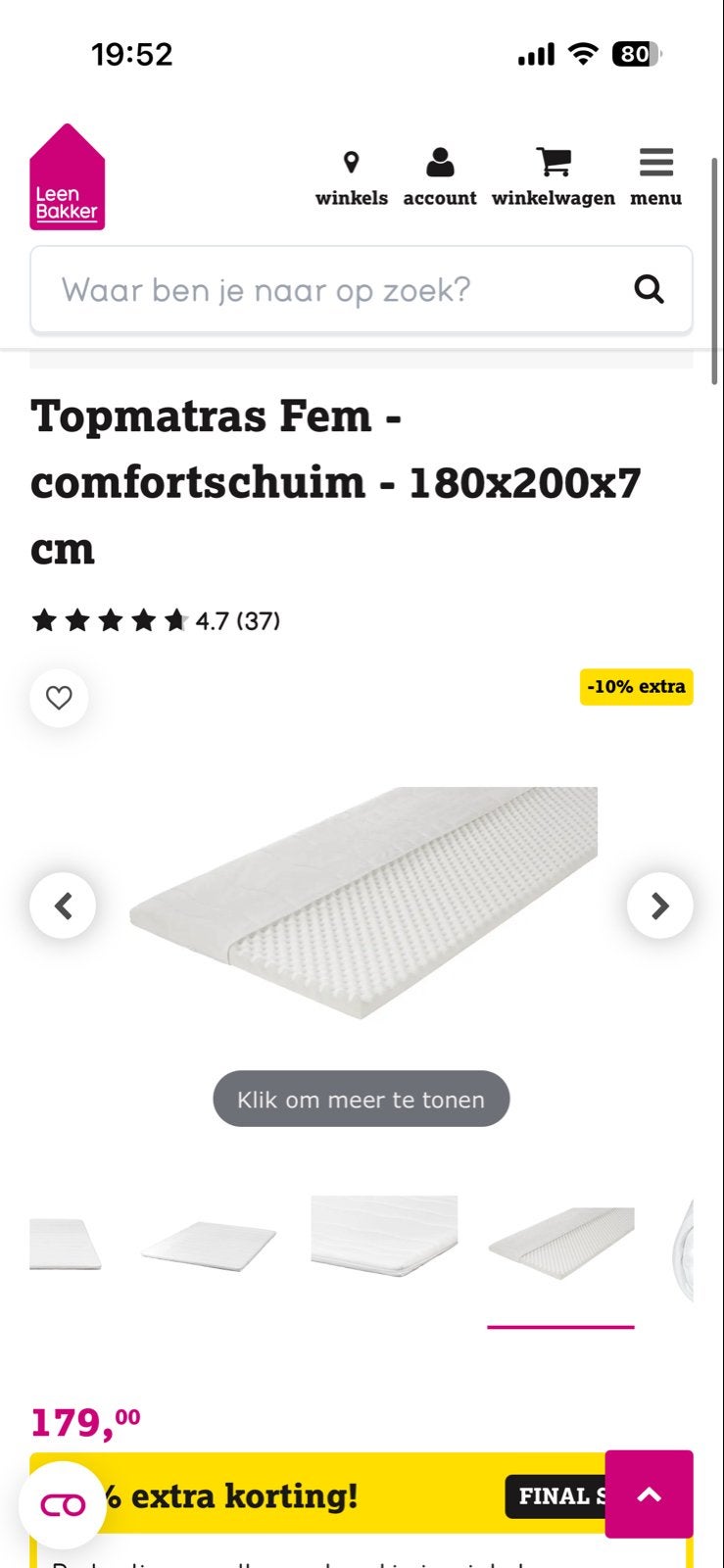 Nieuwe Topper Leen Bakker 180x200 cm, Huis en Inrichting, Slaapkamer | Matrassen en Bedbodems, Ophalen, Matras, 180 cm, 200 cm