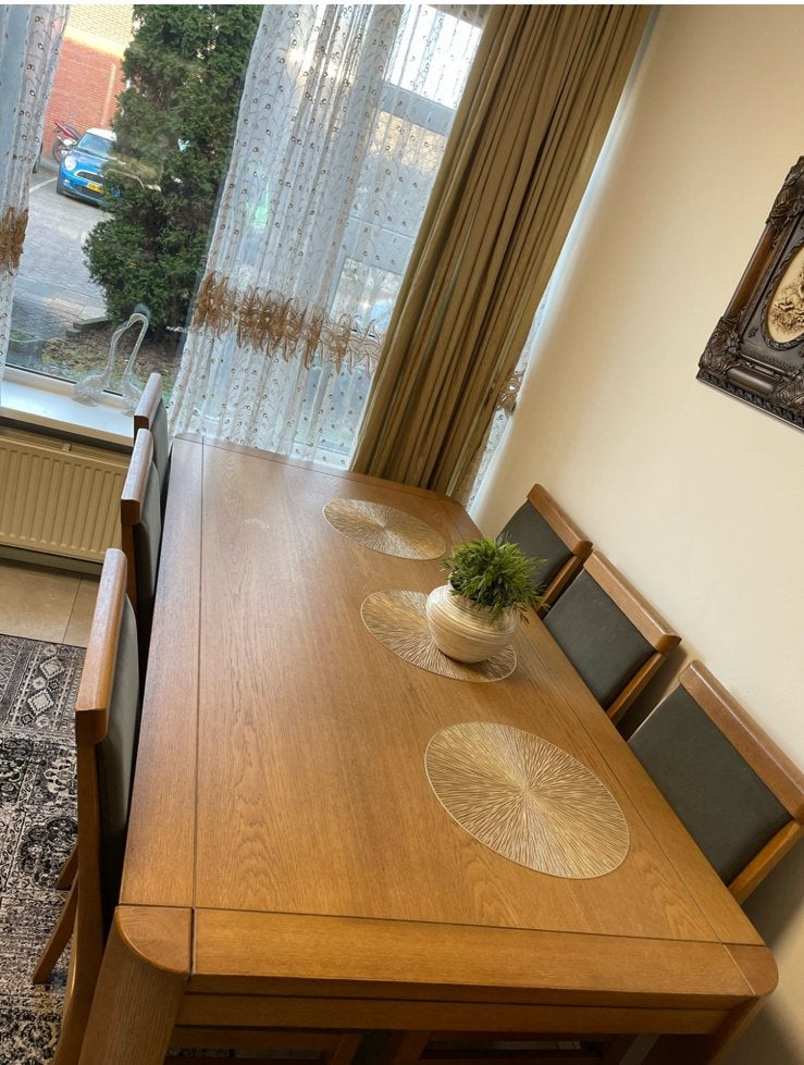 Eiken eettafel inclusief 6 Comfortabele Stoelen (Set), Ophalen, Eikenhout, 50 tot 100 cm, Zo goed als nieuw