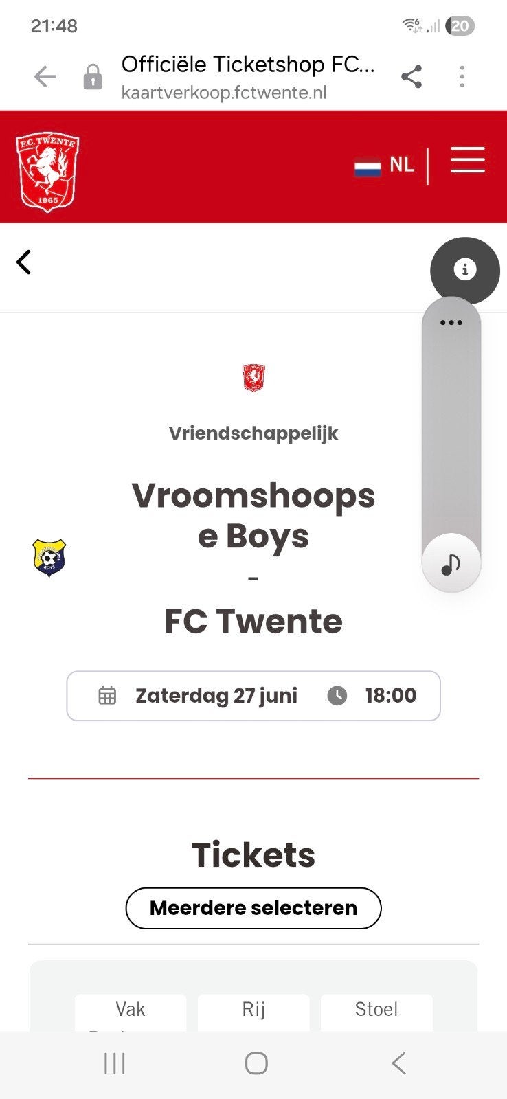 Tickets voor vroomshoopse boys teg FC twenet, Tickets en Kaartjes, Drie personen of meer, Overige soorten