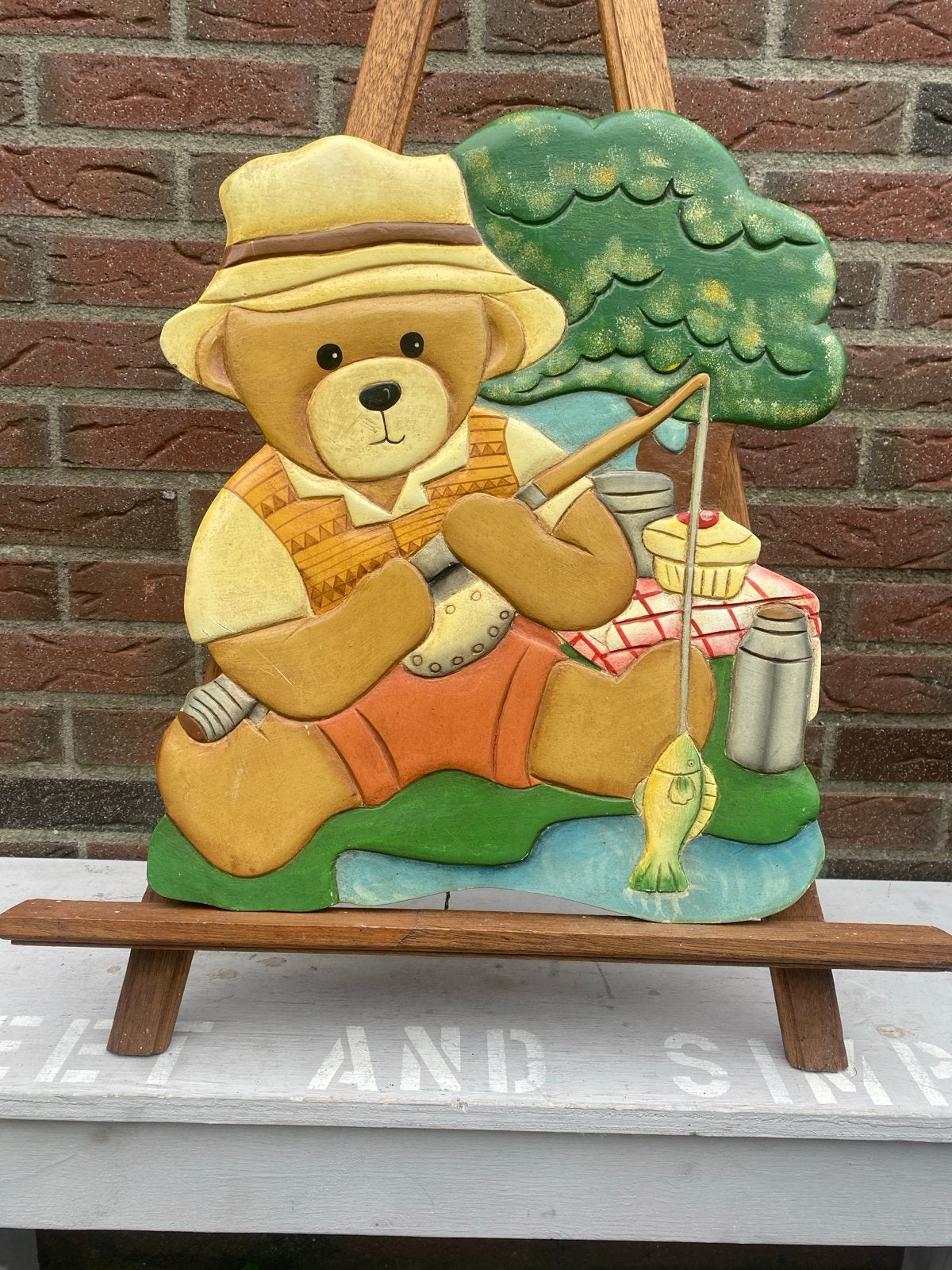 Houten decoratie beer vissen - Vintage, Huis en Inrichting, Woonaccessoires | Overige, Gebruikt, Meerkleurig, Ophalen of Verzenden