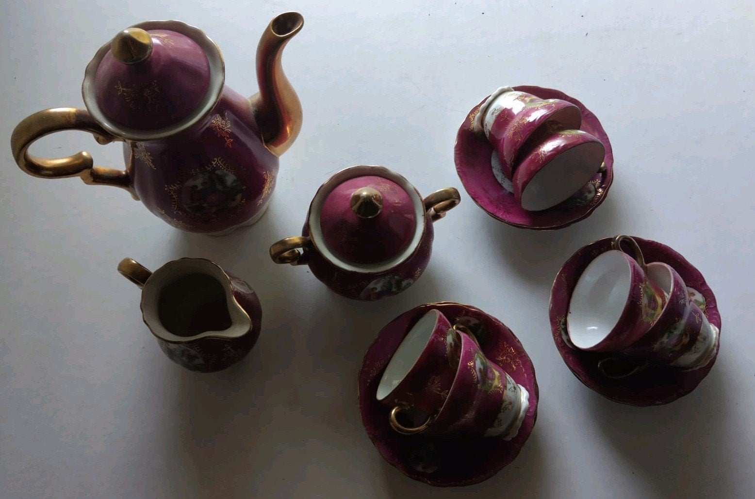 oud porselein thee servies paars, Ophalen of Verzenden