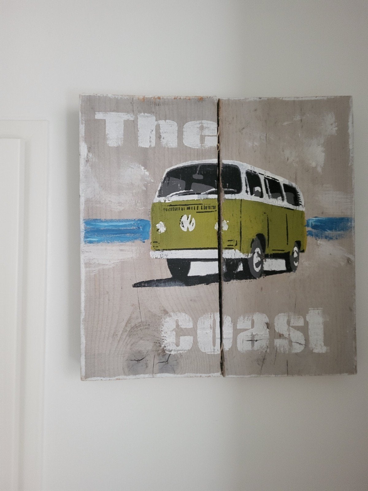 Wanddecoratie VW busje 'The Coast' op hout, Minder dan 50 cm, Gebruikt, Overige typen, Ophalen of Verzenden