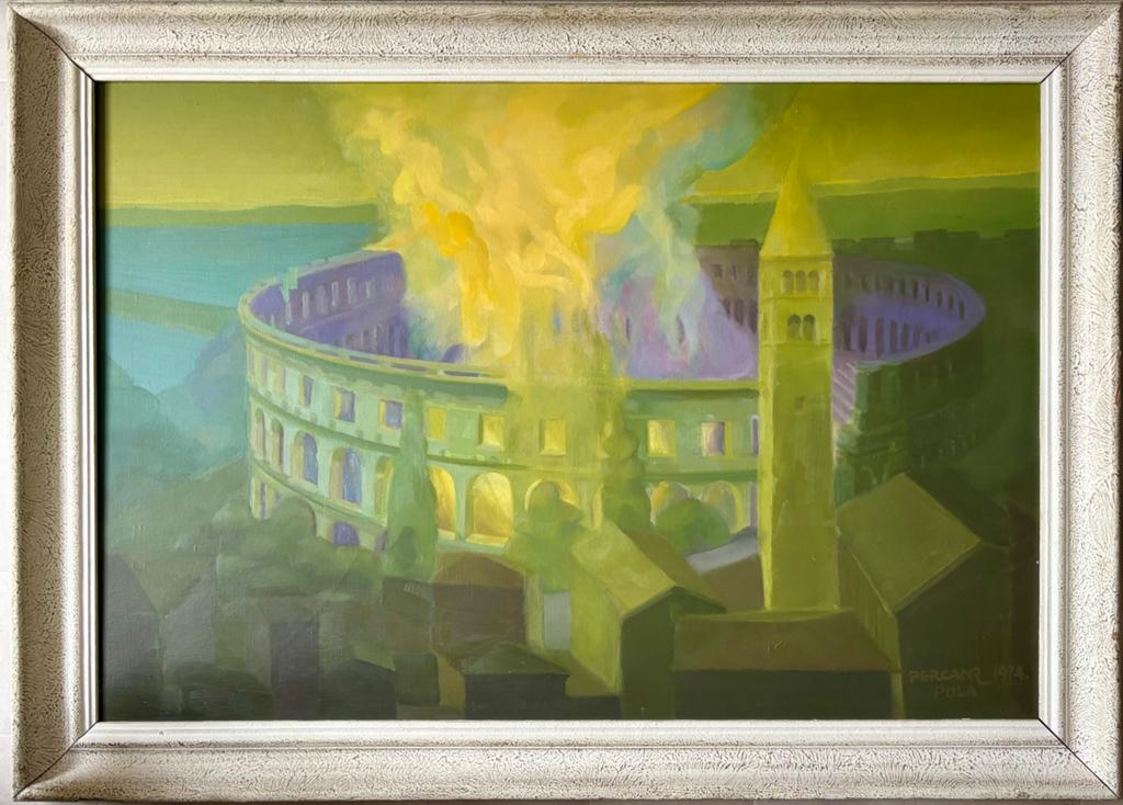 Olieverfschilderij Colosseum in brand.          Perkan., Ophalen of Verzenden