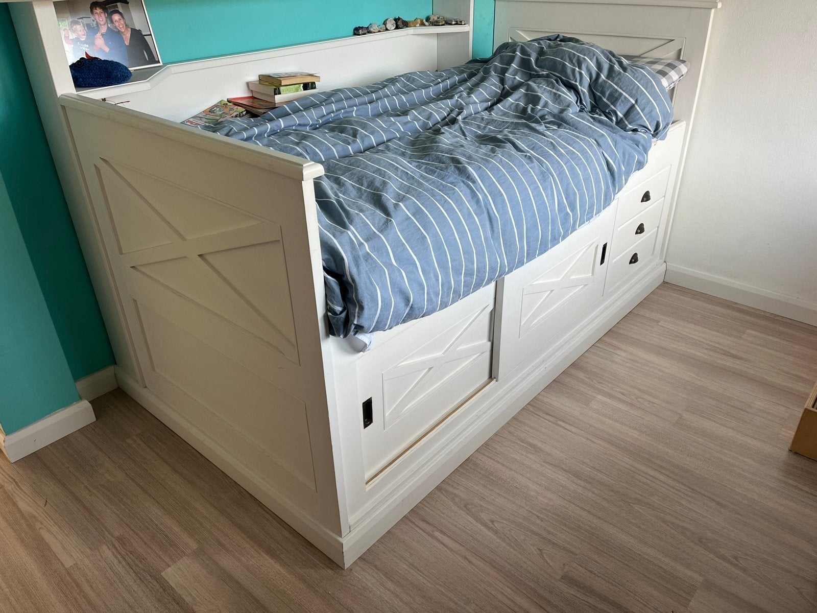Eenpersoonsbed met opbergruimte - Wit hout, Ophalen, 90 cm, Eenpersoons, Wit