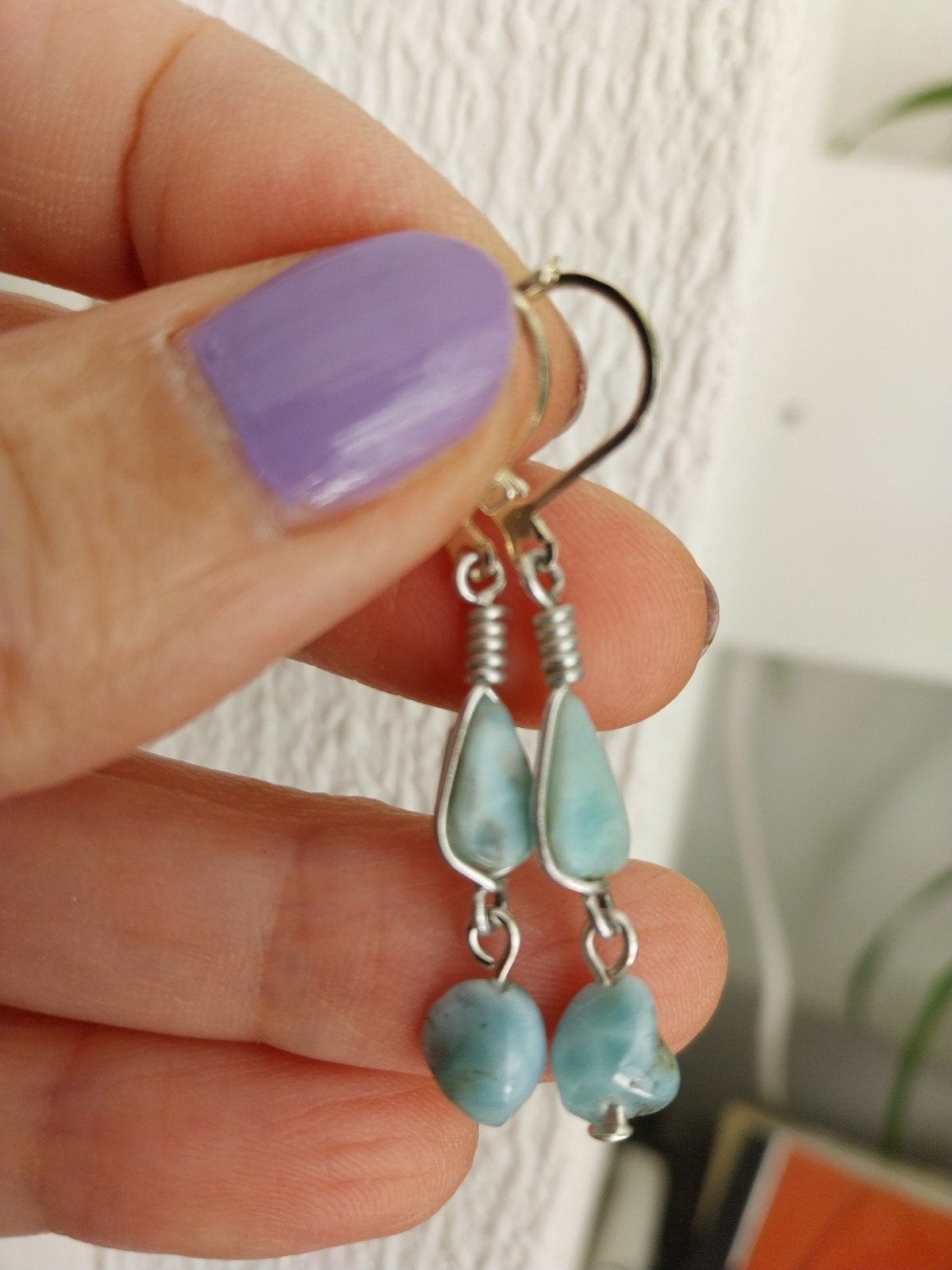 Larimar oorbellen met verzilverde oorhaakjes #2156, Sieraden, Tassen en Uiterlijk, Oorbellen, Overige materialen, Hangers, Zo goed als nieuw