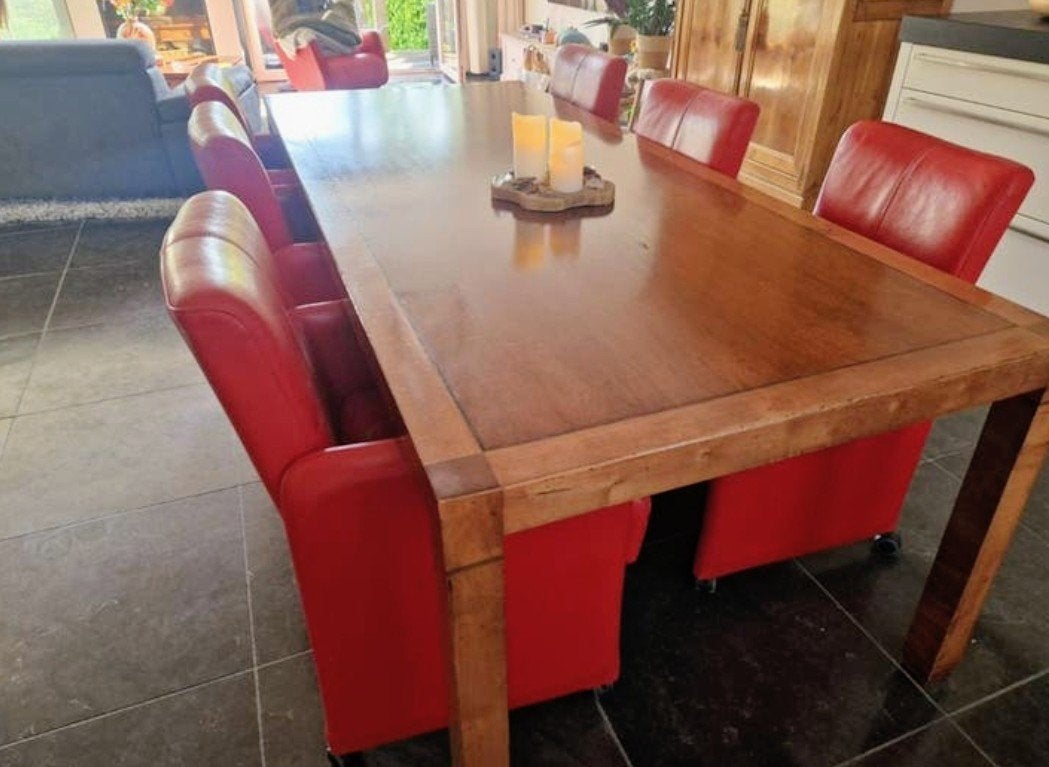 Grote kersenhouten eet-/vergadertafel met 6 leren stoelen, Huis en Inrichting, Stijlvol, 200 cm of meer, Zo goed als nieuw, Vijf personen of meer