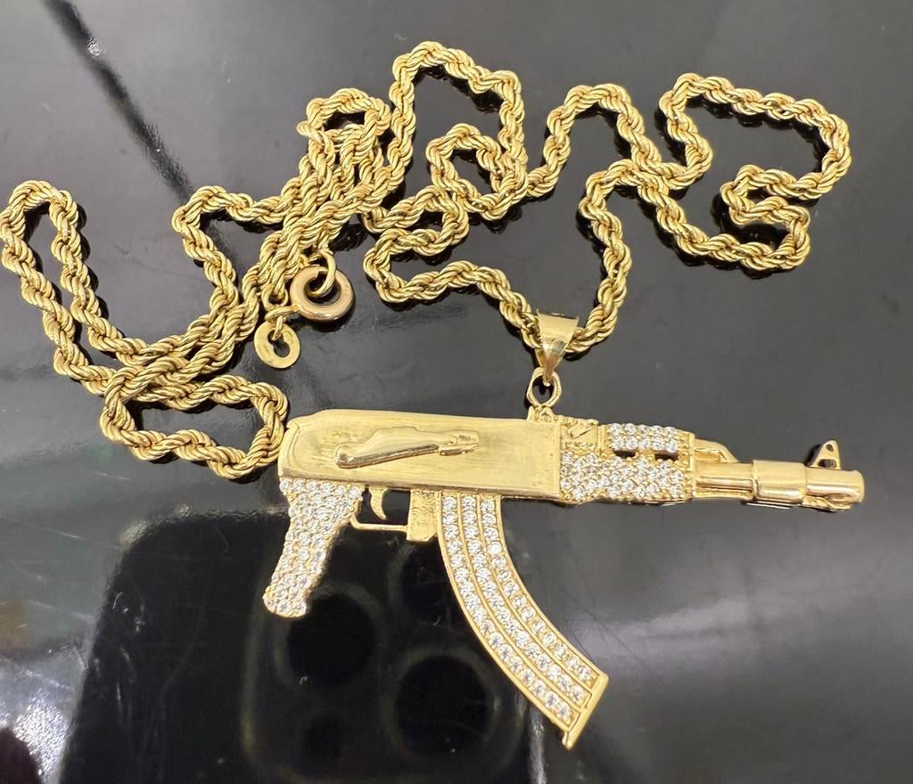 Prachtige 14k gouden rope ketting met ak-47 hanger, Ophalen of Verzenden, Goud