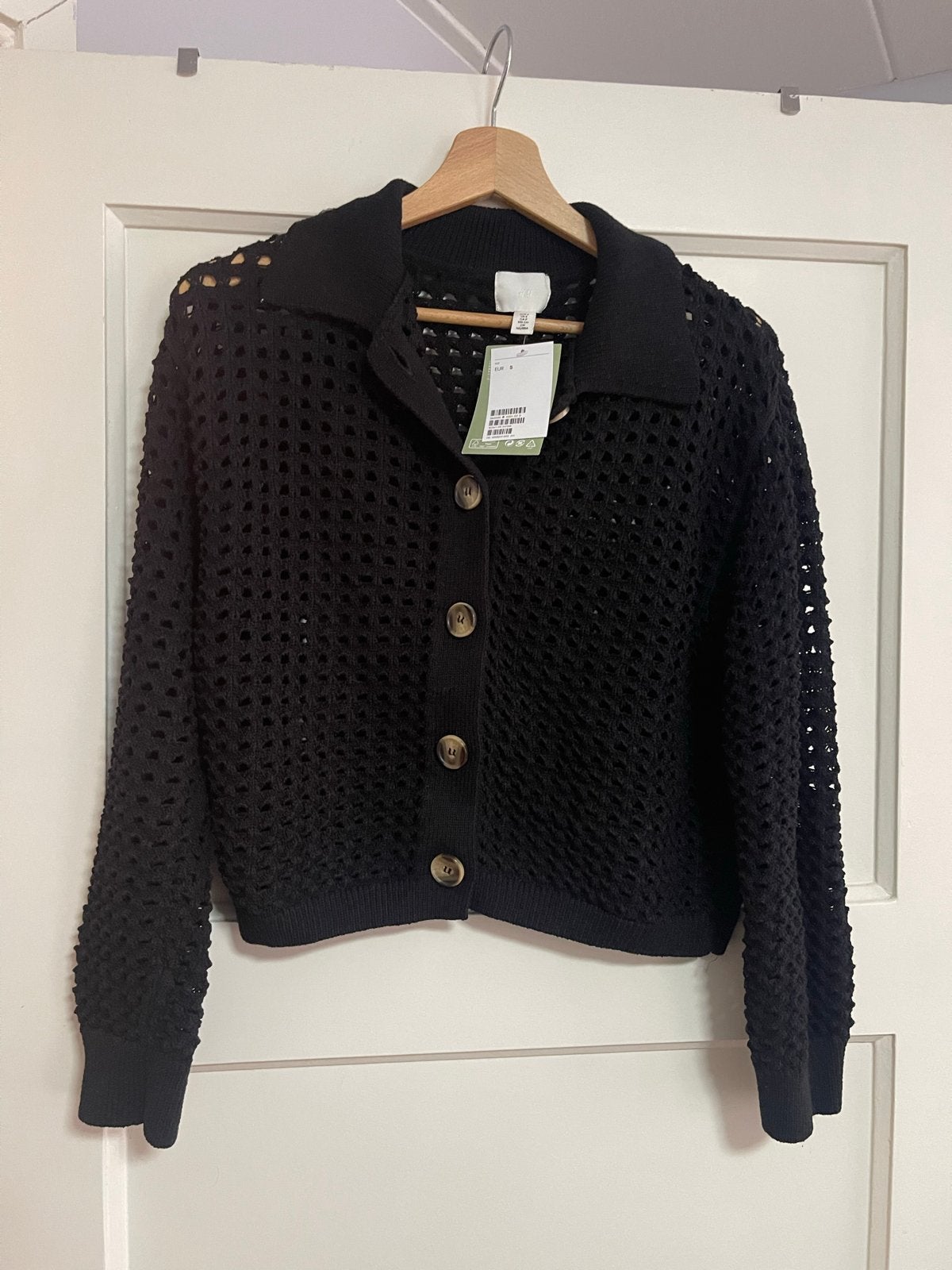 H&M Zwart gehaakt vest met kraag - Maat S, Ophalen of Verzenden, Nieuw, Maat 36 (S), Zwart