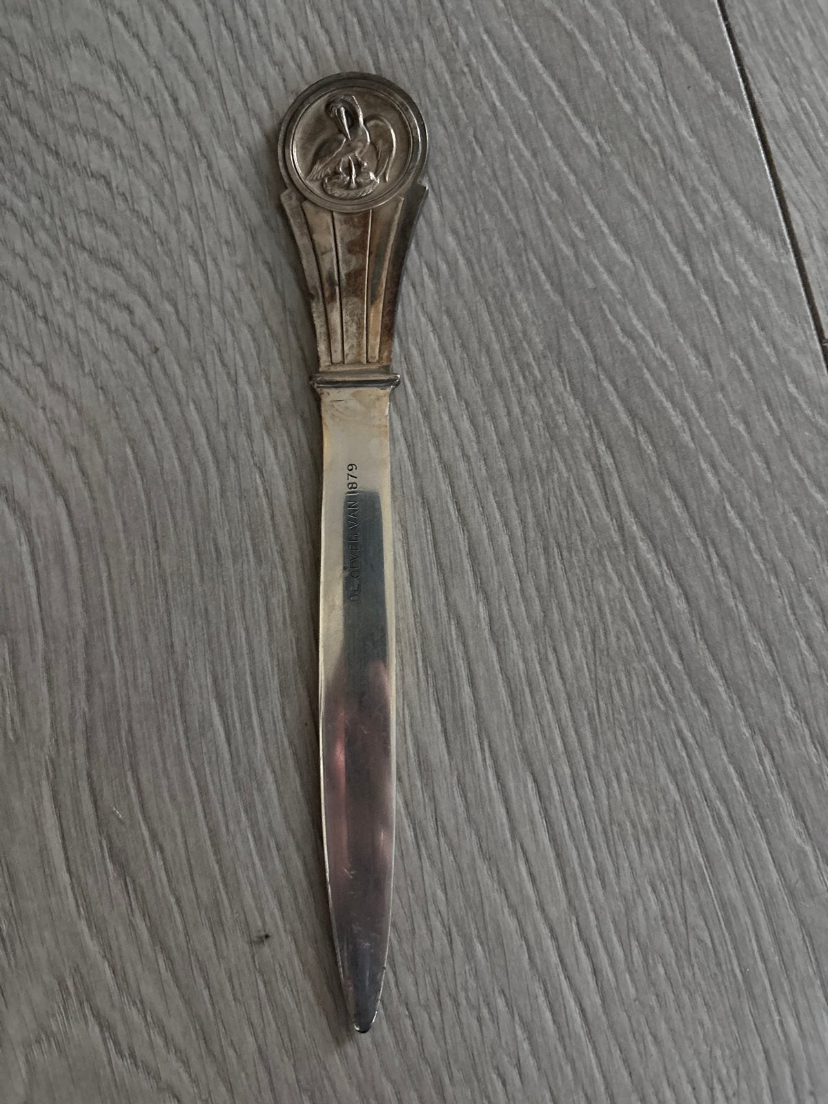Antieke Verzilverde Briefopener "DE OLVEN VAN 1879", Ophalen of Verzenden