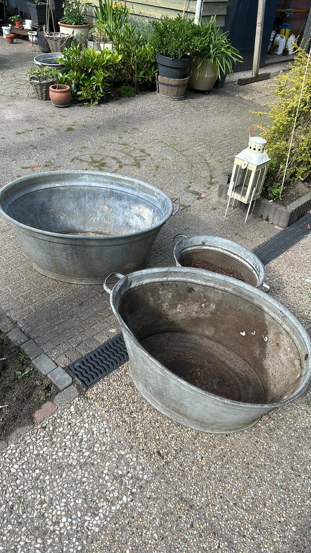 Brocante wasteilen als plantenbak, drie formaten, Tuin en Terras, Bloembakken en Plantenbakken, Gebruikt, Metaal, Tuin, Ophalen