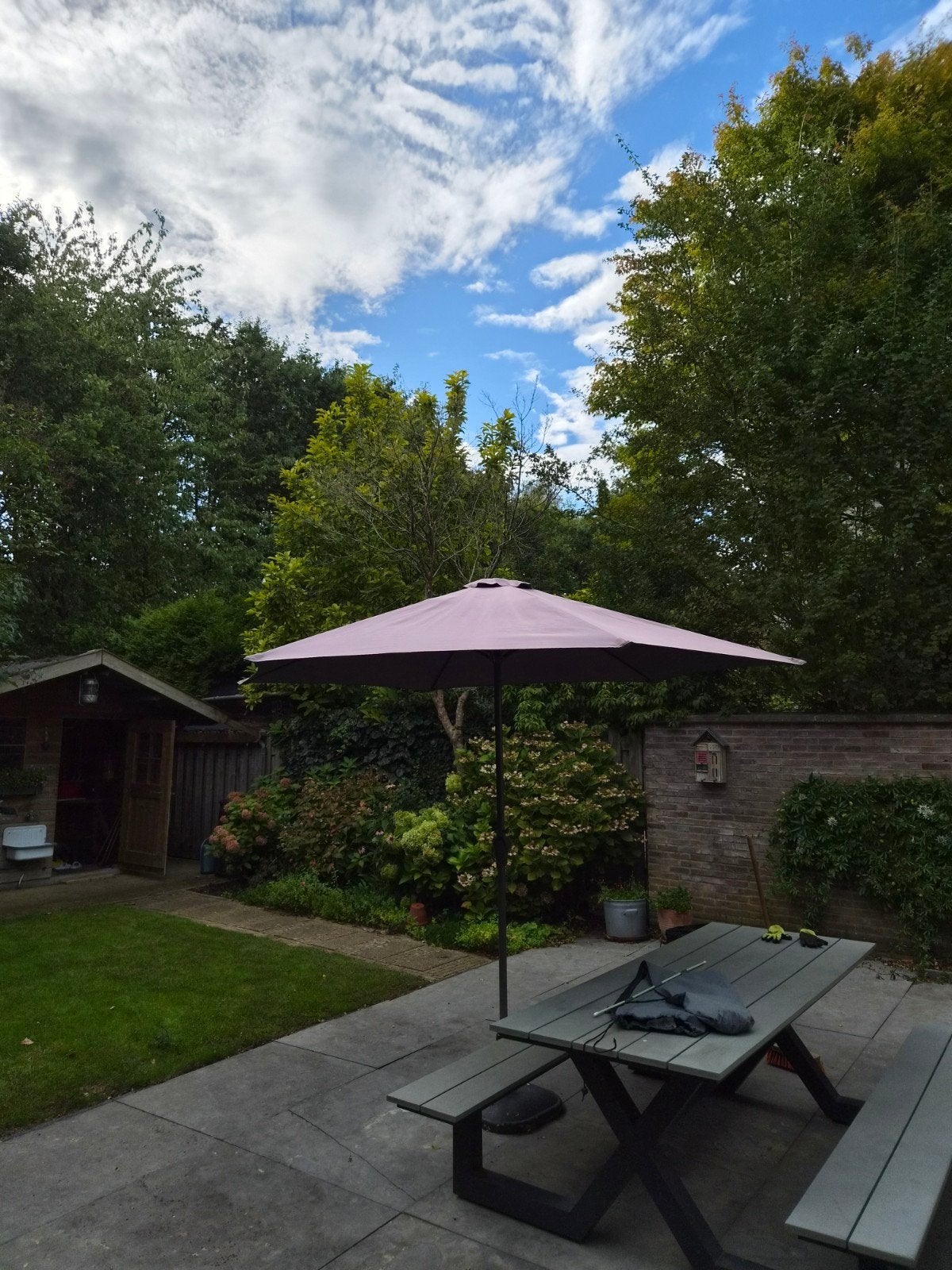 T.E.A.B. Parasol 300cm met hoes en voet, Ophalen, Gebruikt, 2 tot 3 meter, Stokparasol