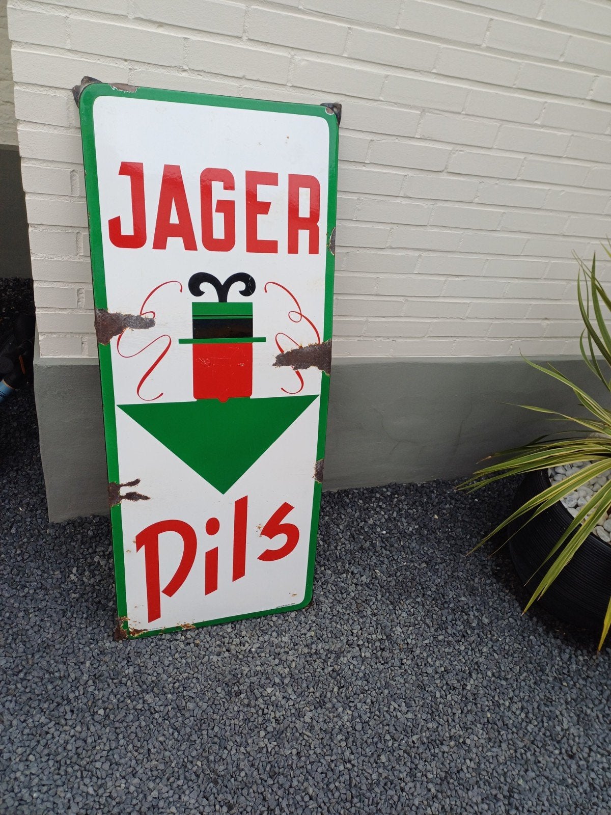 Vintage Emaille Bord Jager Pils - Emaillerie Belge, Ophalen of Verzenden, Gebruikt, Reclamebord
